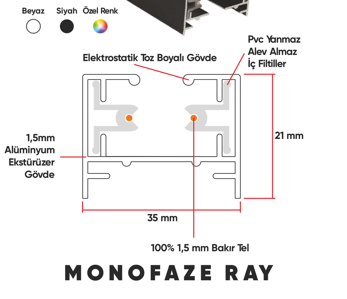 Monofaze Ray teknik çizim ve profil ölçüleri