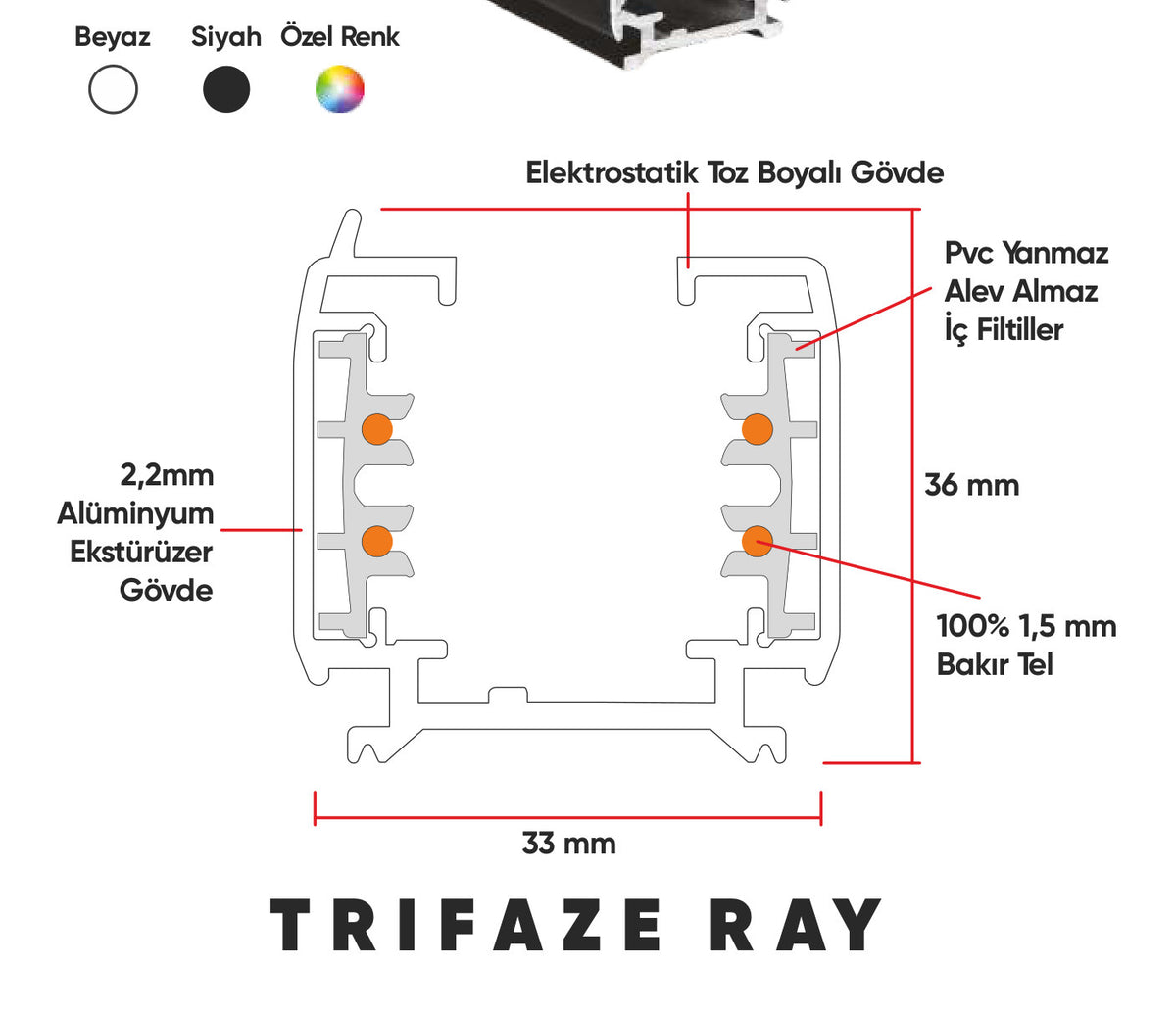 Trifaze Ray teknik çizim ve profil ölçüleri